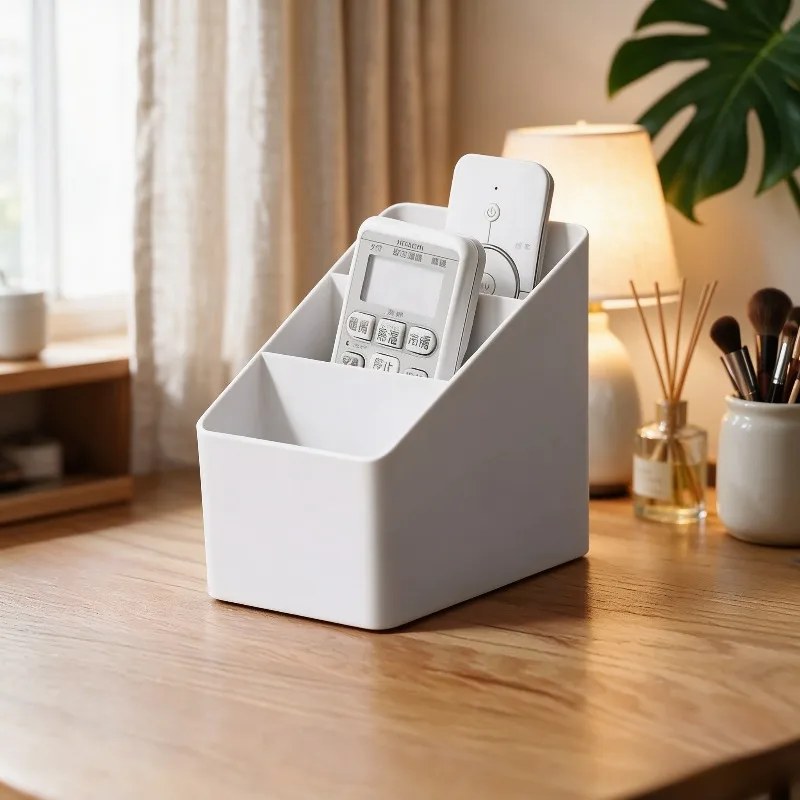 White 3-Slot Remote Control Holder Desktop Organizer Caddy for TV/AC Remotes Plastic Storage Box for Home Office & Nightstand