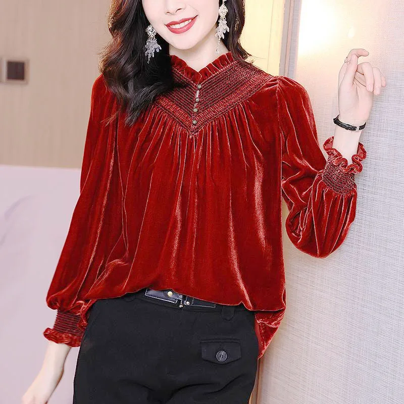 French Style Vintage Autumn Women's Golden Velvet Solid V-Neck Pleated Fashion Elegant Long Sleeve Loose Pullovers T-Shirts Tops