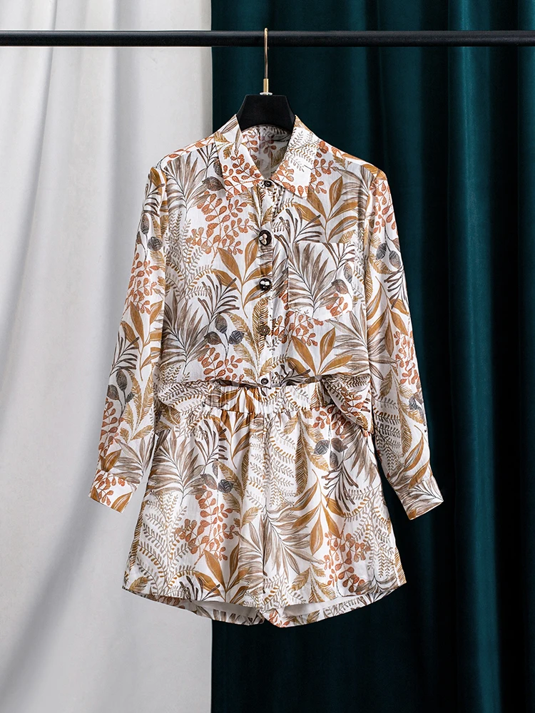 Women Ramie Linen Orange Print Shorts Set Long Sleeve Shirt 2 Piece Outfit Elegant Vacation Matching Set