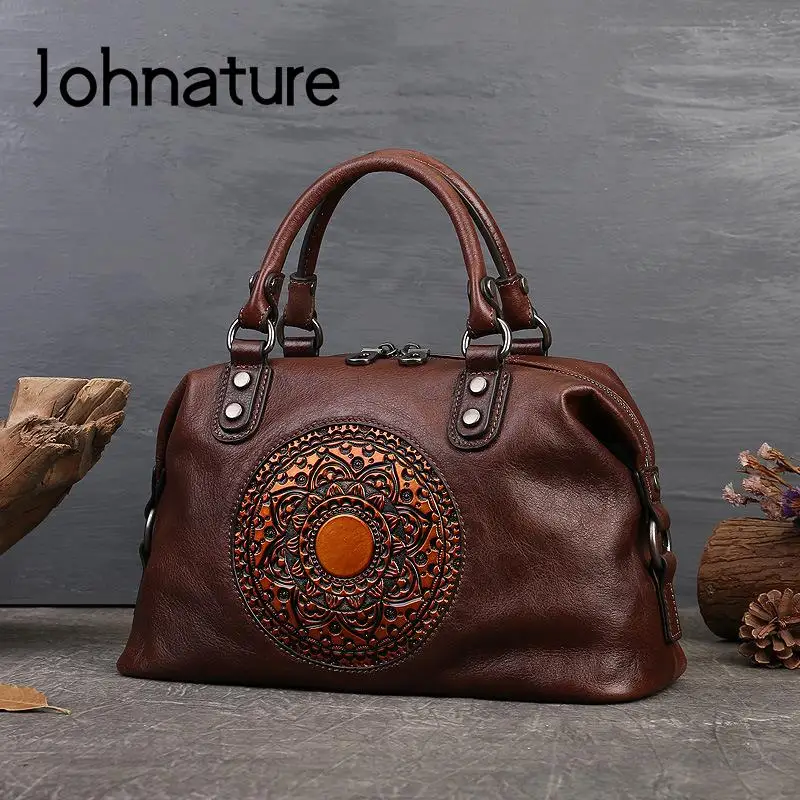 Johnature 2024 New Handmade Retro Totem Women Handbag Genuine Leather Versatile Casual Tote Real Soft Cowhide Shoulder Bags