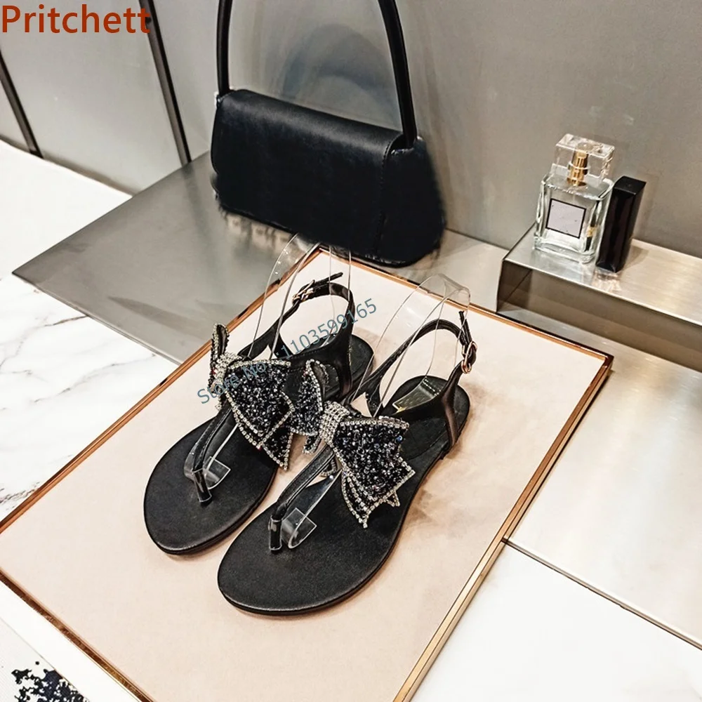 

Butterfly Knot Crystal Sandals Round Toe Flat with Buckle Strap Slingback Mixed Color Flip Flops Summer Sweet Dress Shoes