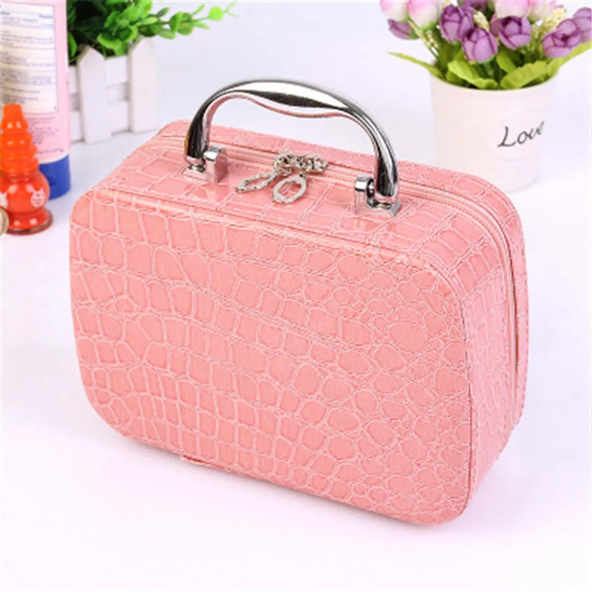 Hot stone pattern makeup box with mirror ladies hand makeup bag square zipper cosmetics storage box factory sales