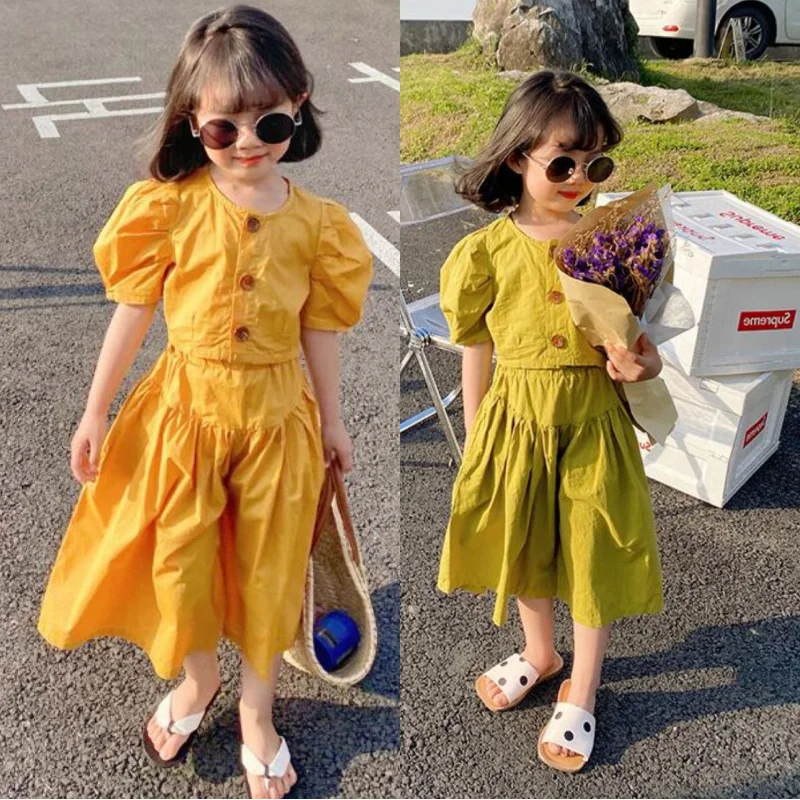 Girls Suit Summer2025New Bubble Short Sleeve Shirt Top Casual Pants Girls Summer Wide Leg Pants Two-Piece Set