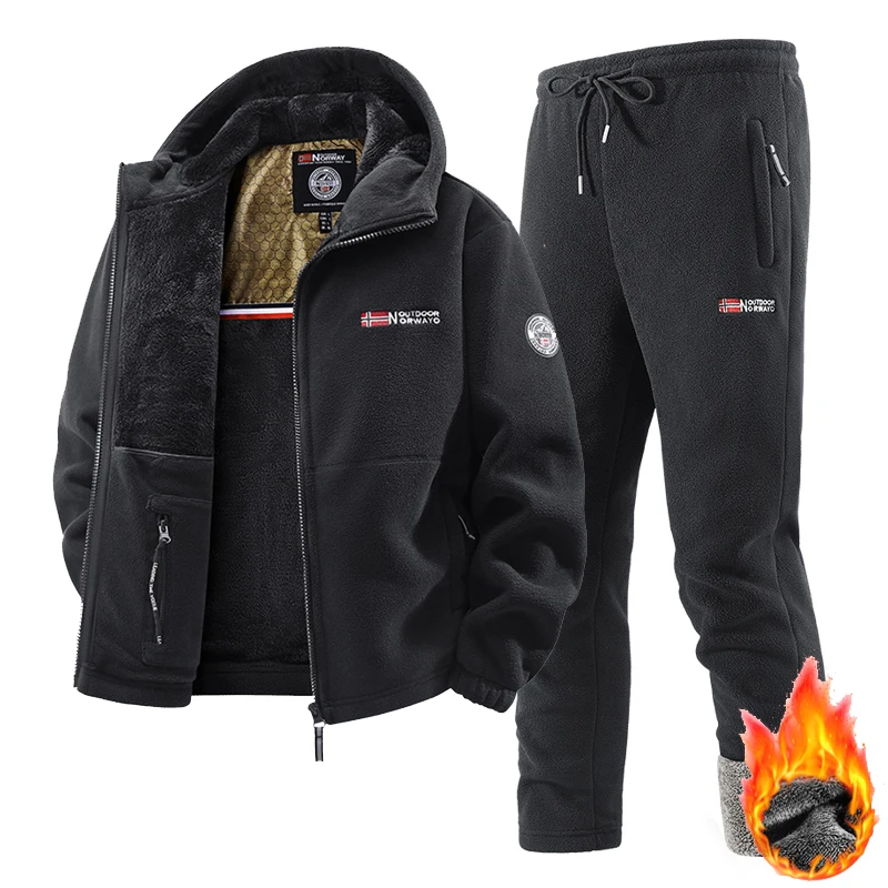 Nouvel ensemble de vêtements de sport d'hiver pour hommes, veste à capuche en polaire épaisse rétro + pantalon, ensemble deux pièces, tenue décontractée pour le ski, la course à pied et le sport