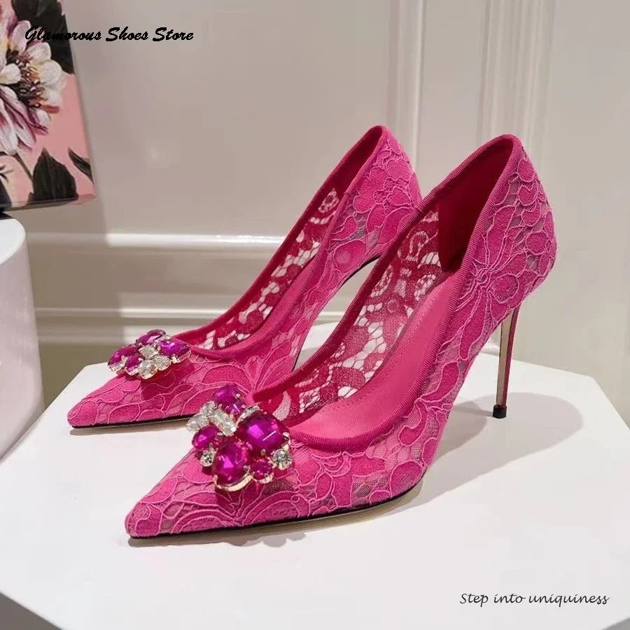 Кожаные туфли-лодочки с кружевным принтом, украшенные кристаллами, свадебные туфли на тонком каблуке с острым носком, весна-лето, женские туфли на шпильке