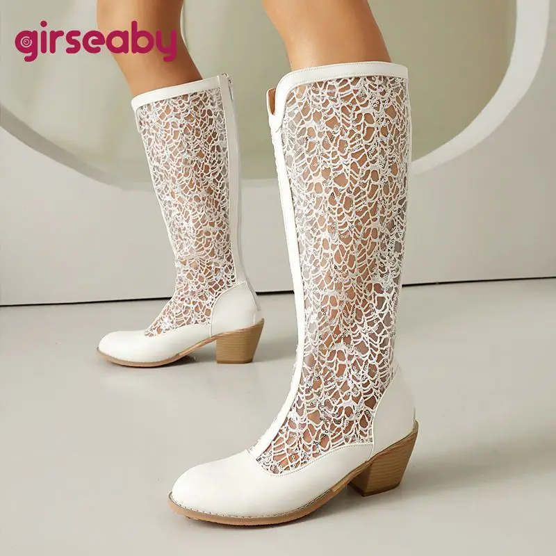 Botines de Verano Girseaby 2025 para Mujer, Punta Redonda, Tacón Grueso de 6 cm, Cierre de Cremallera, Malla Transpirable, Ajuste Amplio, Tallas 46 y 47, Calzado hasta la Rodilla
