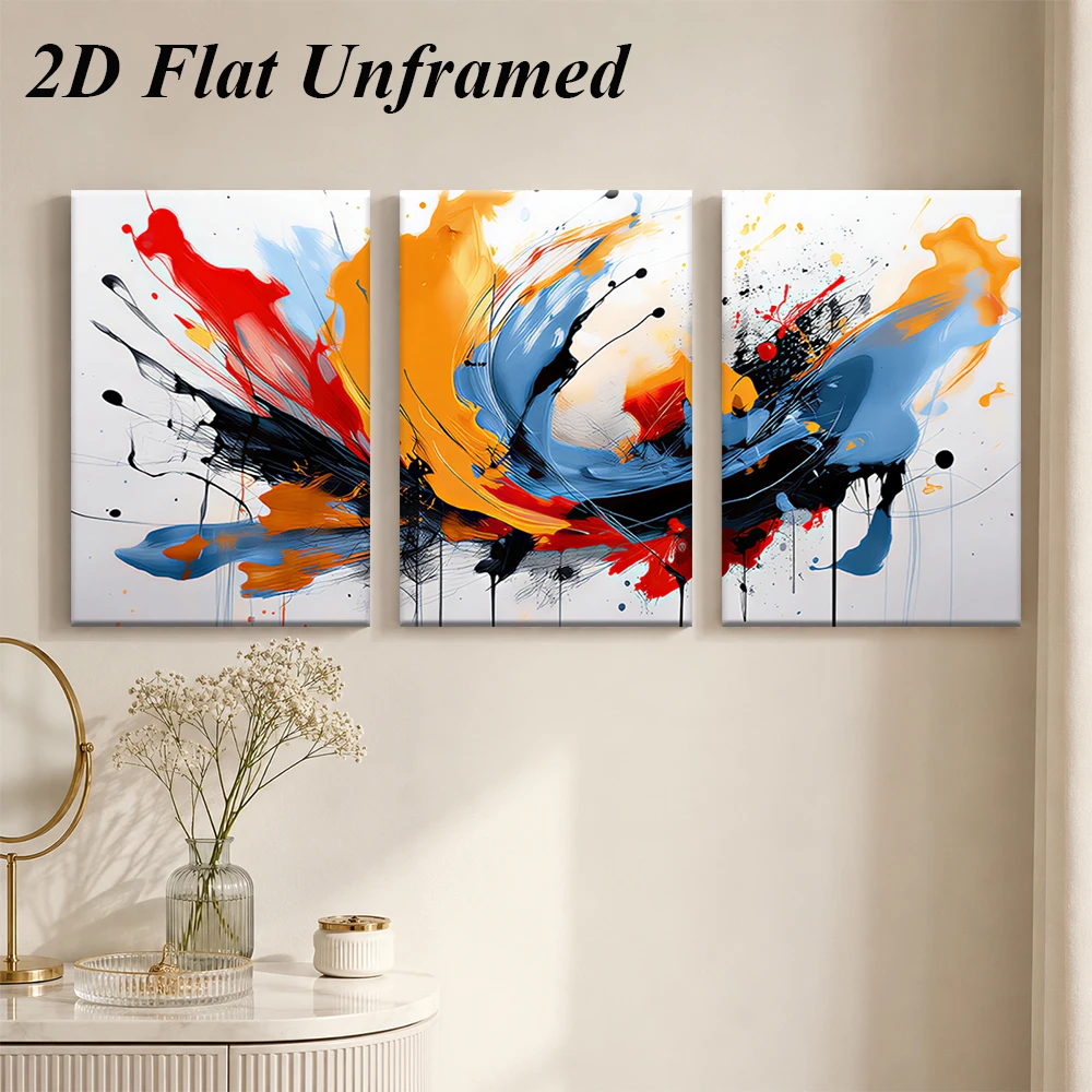 (3PCS Unframe)1 set of modern abstract triptych frameless decorative paintings, blue orange red contrasting ink splatter art pai