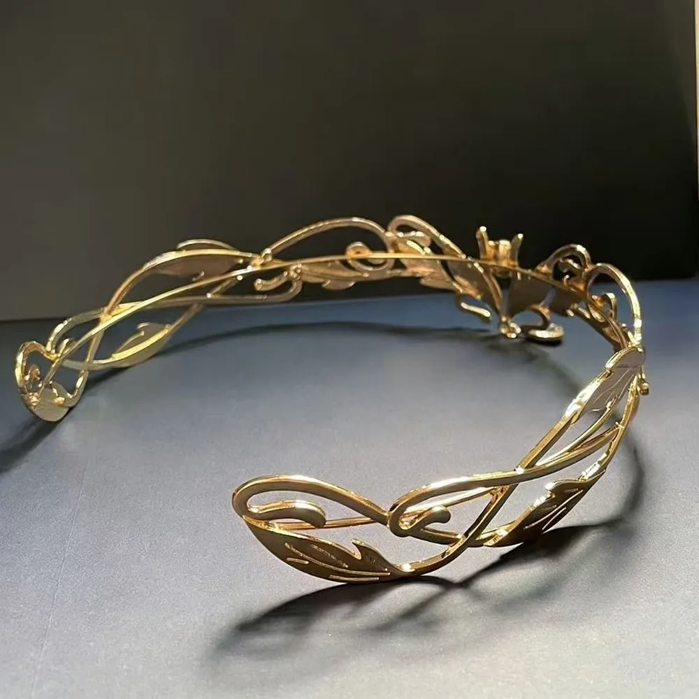Fashion Vintage King Round Elves Crown Elegant Baroque Princess Diadems Leaf Leaves Punk Alloy Rhinestone Headdress Bridal Party