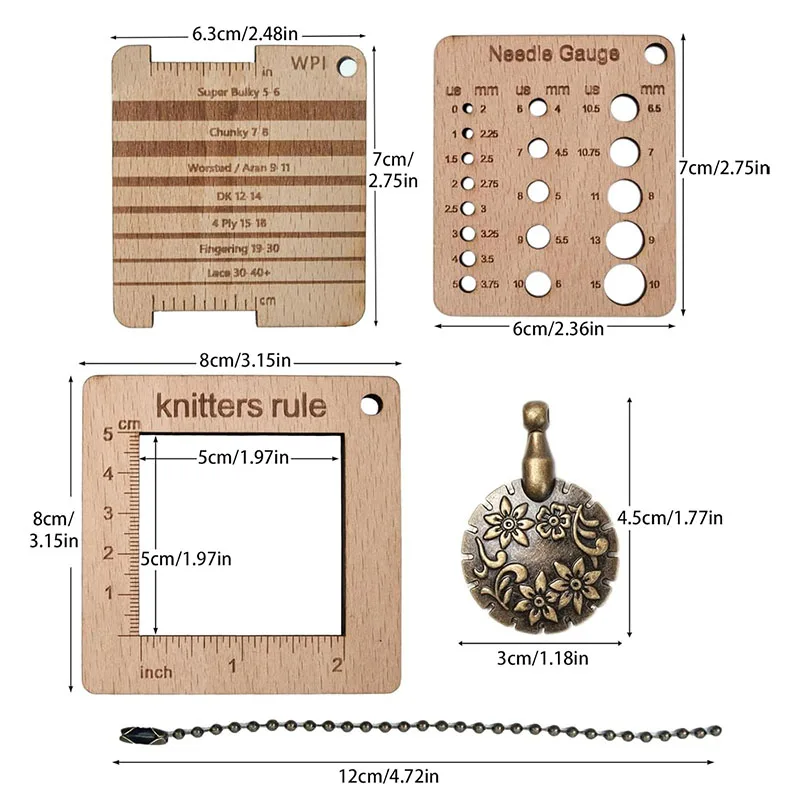 3Pcs Wood Knitting Guage Rulers with Yarn Cutter 3 Style Square Knitting Tool Knitting Needle Gauge & Knitting Rule, Sewing Rule