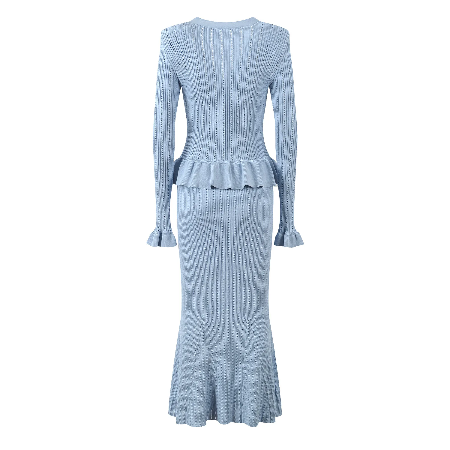 ZJYT Elegantes Einteiler-Strickpullover-Kleid mit V-Ausschnitt und Rüschen für Damen, Herbst 2025, ausgestellte Ärmel, Trompete, Abendpartykleid