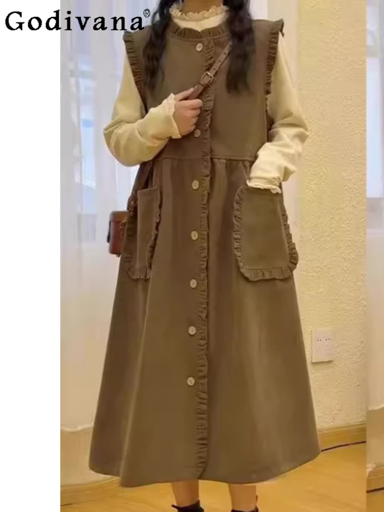 

Plus Size Corduroy Sleeveless Crew Neck Vest Dresses Women Fall Winter Loose Ruffles High Waist A-line Age-reducing Long Dress