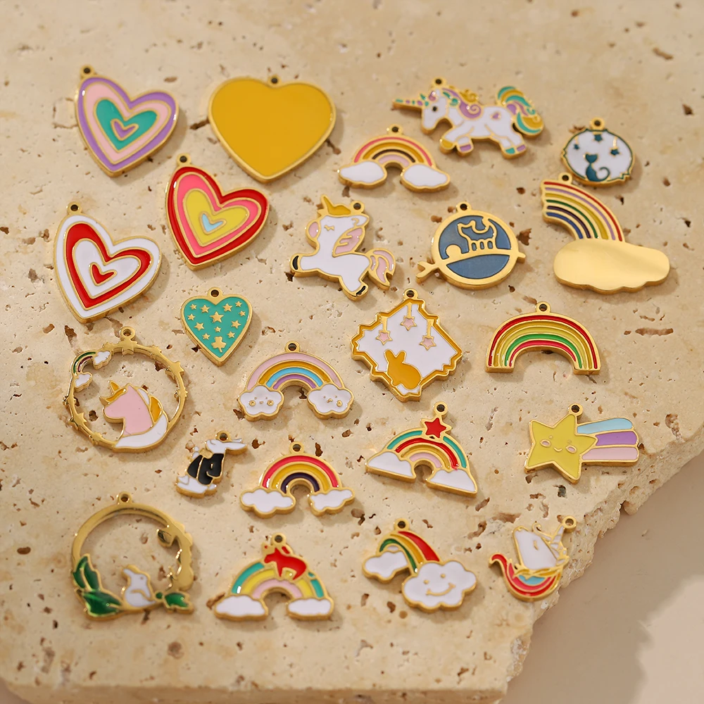 3PCS/LOT CARLIDANA Gold Plated Stainless Steel Unicorn Heart Charms, Colorful Rainbow Cloud Pendants for DIY Jewelry Making