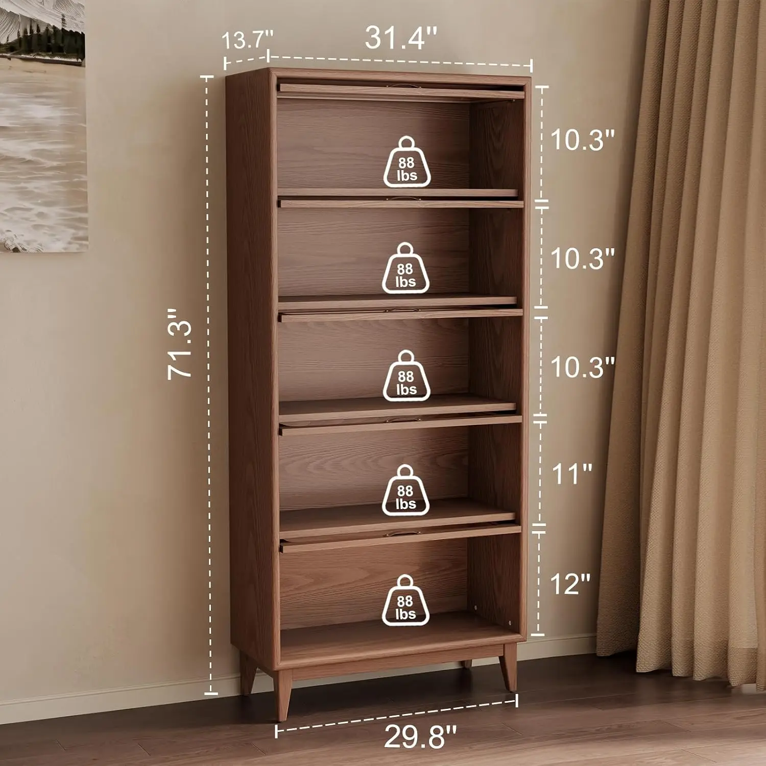 Solid Wood Bookcase 5-Tier Storage With Glass Flip-Up Doors, Cube Shelf For Kitchen Home Office 72