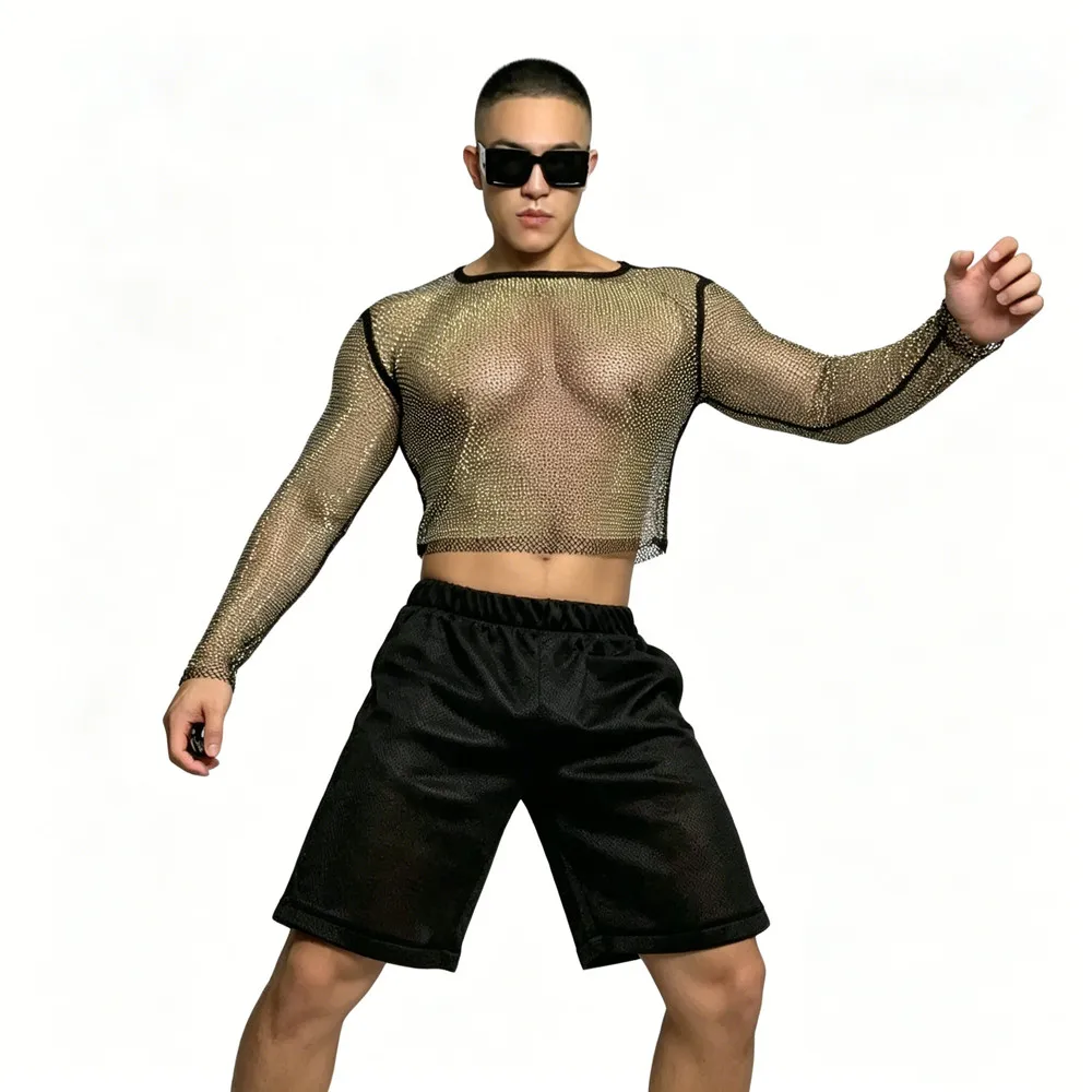 

Muscular Men Nightclub Sexy Stage Wear Transparent Crystal Tops Pants Rave Outfit DJ Dancer Performance Dance Costume 2 Piece
