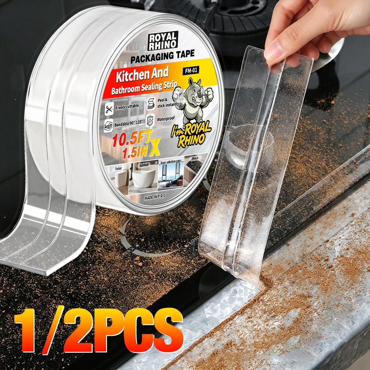 1/2 roll adhesive sealing tape, waterproof double fold line design suitable for bathrooms toilets sinks kitchens, super adhesive
