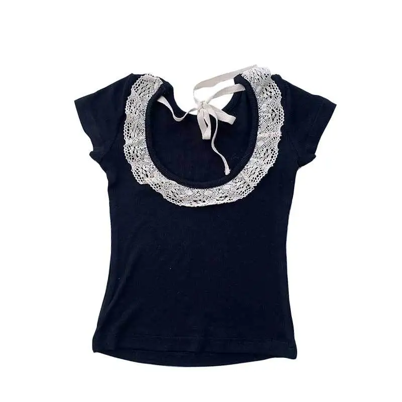 New Arrival 3-8Y Toddler Girl Hollow Back Lace Trim Tee, Frill Edge Casual Base Shirt, Summer Fashion Short Sleeve Top