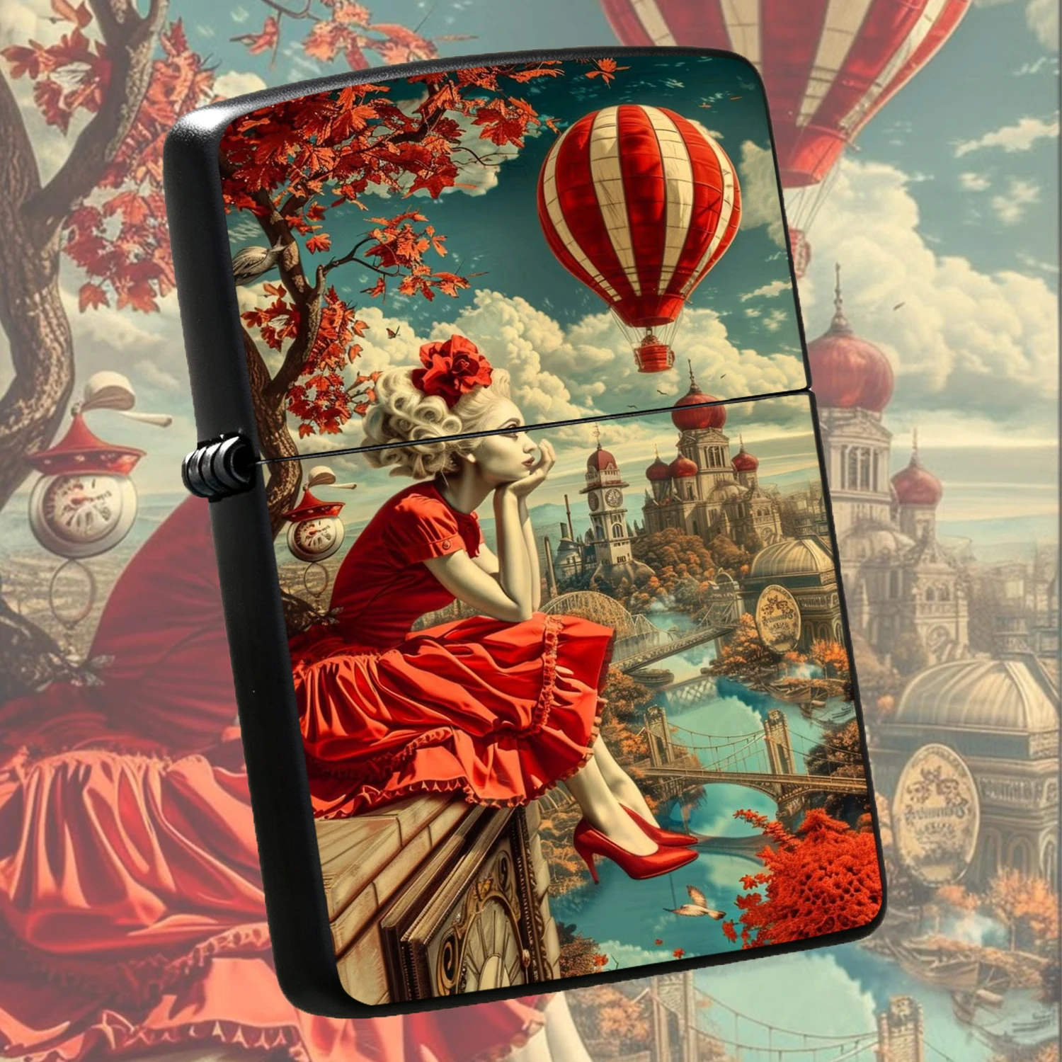 Vintage Steampunk Red Dress Girl Hot Air Balloon Lighter, Artistic Retro Scenic Pattern, Portable Stylish Accessory For Daily Use, Outdoor Trips, Gifting On All Occasions, Exquisite Unique Decorative Practical Item A Humorous And Interestin