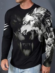 Spring And Autumn Men's Daily Casual Top Street Fashion Men's Long Sleeve T-shirt 3D Wolf Print Men's Long Sleeve T-shirt