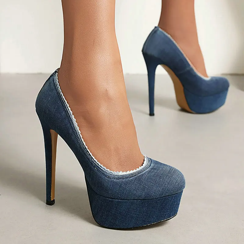 New Denim Jeans Fabric Super Thin High Heels Closed Toe Blue Platform Sexy Lady Office Pumps Size 33-43 Womens Stiletto Shoes