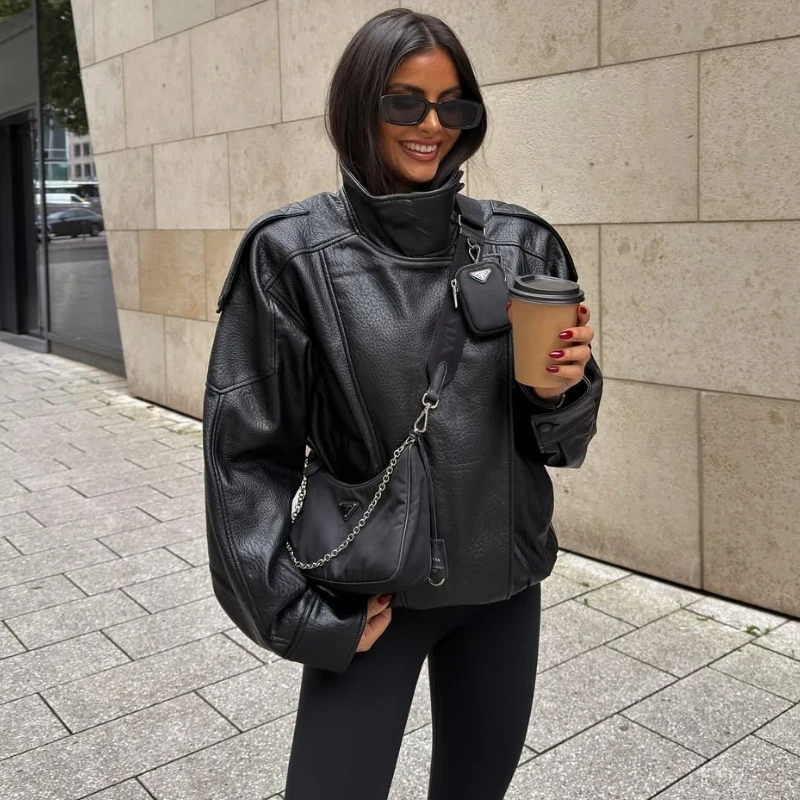 Tornova mode veste en simili cuir femmes col montant boutons fermeture éclair poche épissage automne hiver femme haute rue manteau