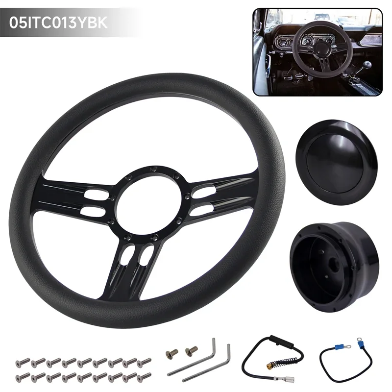 

Black 14" 350MM 9-Bolt Chrome W/Half Wrap PVC Steering Wheel + Adapter For Chevy GM Trinity Orbitor Pattern Shot Mark Style