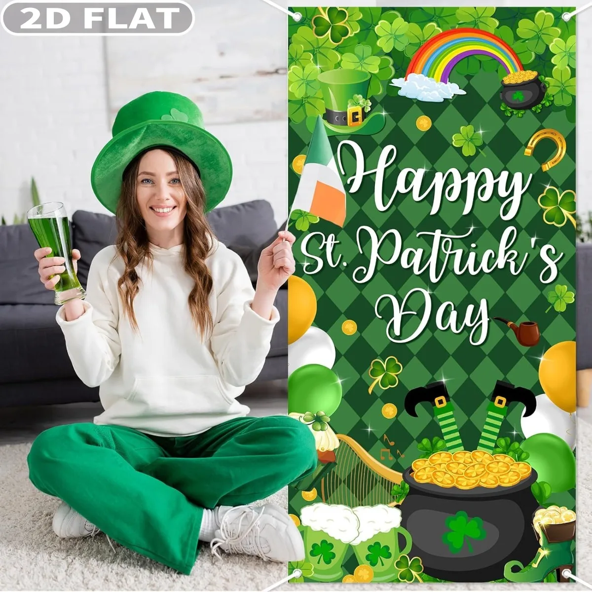 2D FLAT 1pc St. Patricks Day Party Door Banner Decor, Green Shamrock Irish Banner, Durable Polyester Happy St. Patrick's Day