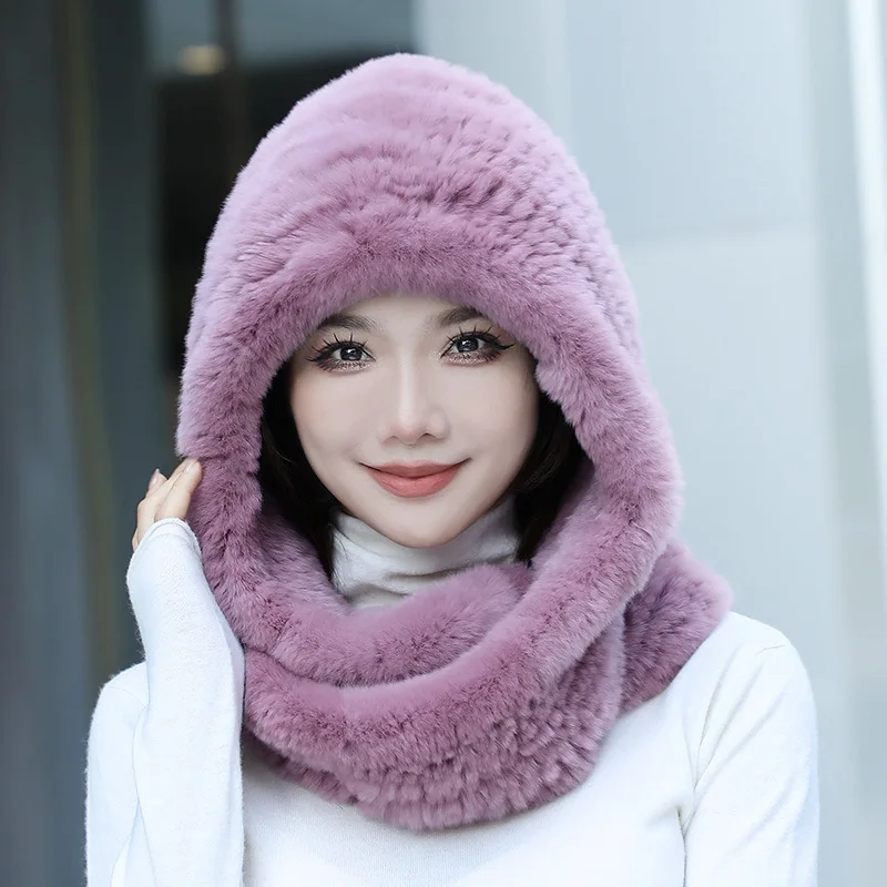 2024 Hot Sale New Women Real Knitted Rex Rabbit Fur Hat Hooded Scarf Long Winter Warm Fur Hat With Neck Collar Scarves Hat Scarf