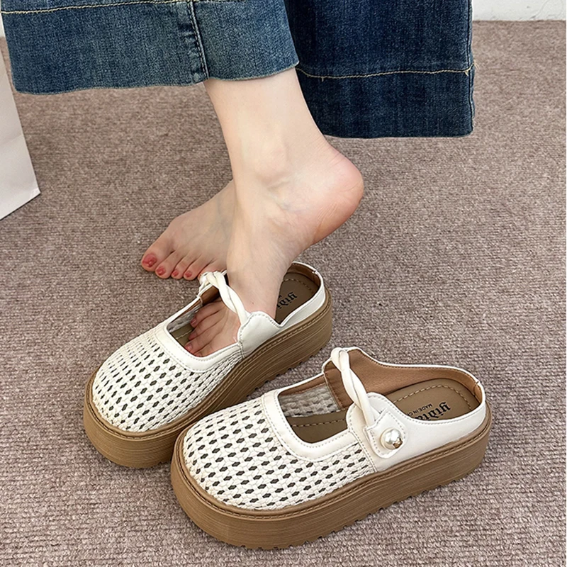

Summer Women's Hollow Out Woven Round Toe Mary Jane Buckle Strap Chunky Platform Mule Clogs Slides Sandals Casual Slippers Shoes