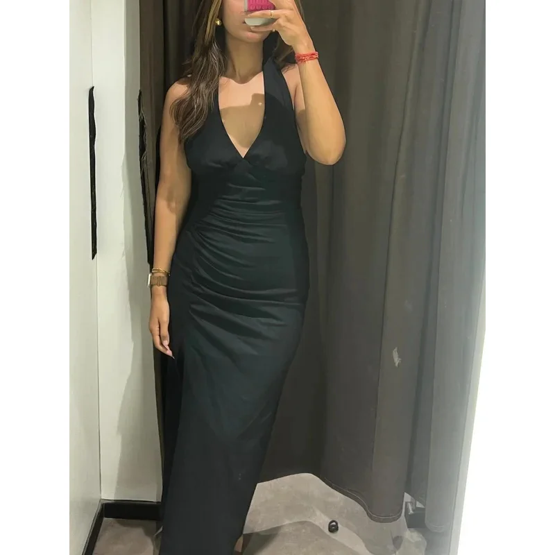 ผู้หญิงฤดูร้อนสไตล์ใหม่ผ้าไหมซาตินชุดเซ็กซี่สีดํา high-end อารมณ์ Elegant Holiday PARTY กระโปรงยาว