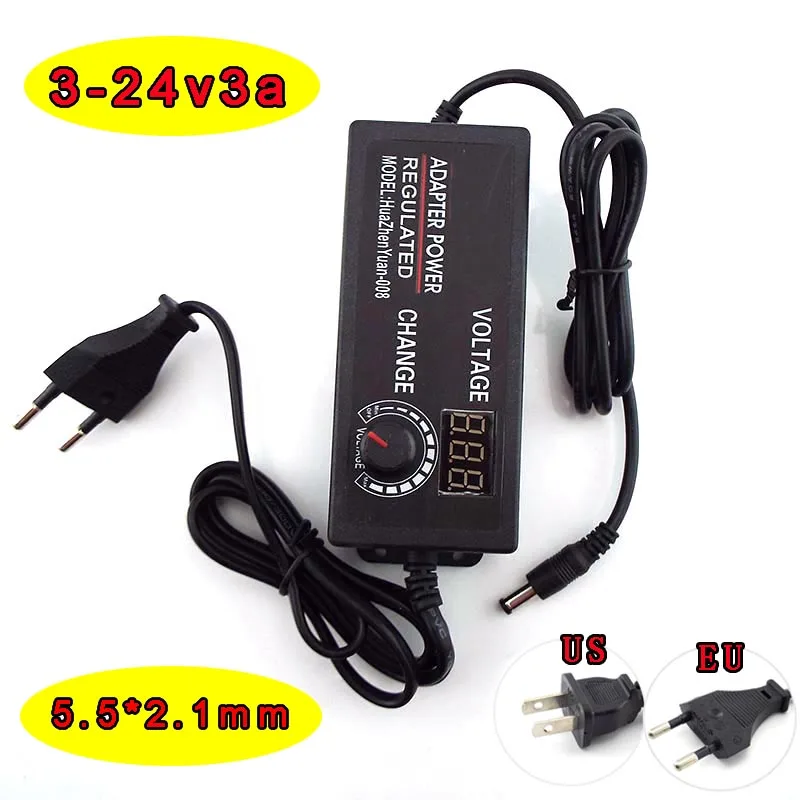 Adaptador de fuente de alimentación ajustable de CA a CC, 3V-24V, 3A, adaptador Universal, pantalla de visualización, cargador de conmutación de voltios de potencia, 5,5mm x 2,5mm