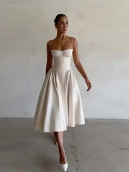 Elegant Solid Chest Wrapped Sling Dress Women Sexy Off Shoulder Pleated Maxi Vestidos 2024 Summer Ladies Vacation Party Dresses