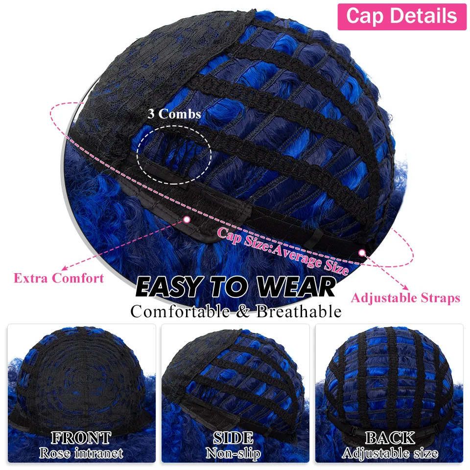 Short Hair Afro Kinky Curly Wigs With Bangs For Black Women African Synthetic Ombre Cosplay Natural Blonde Red Blue Wig