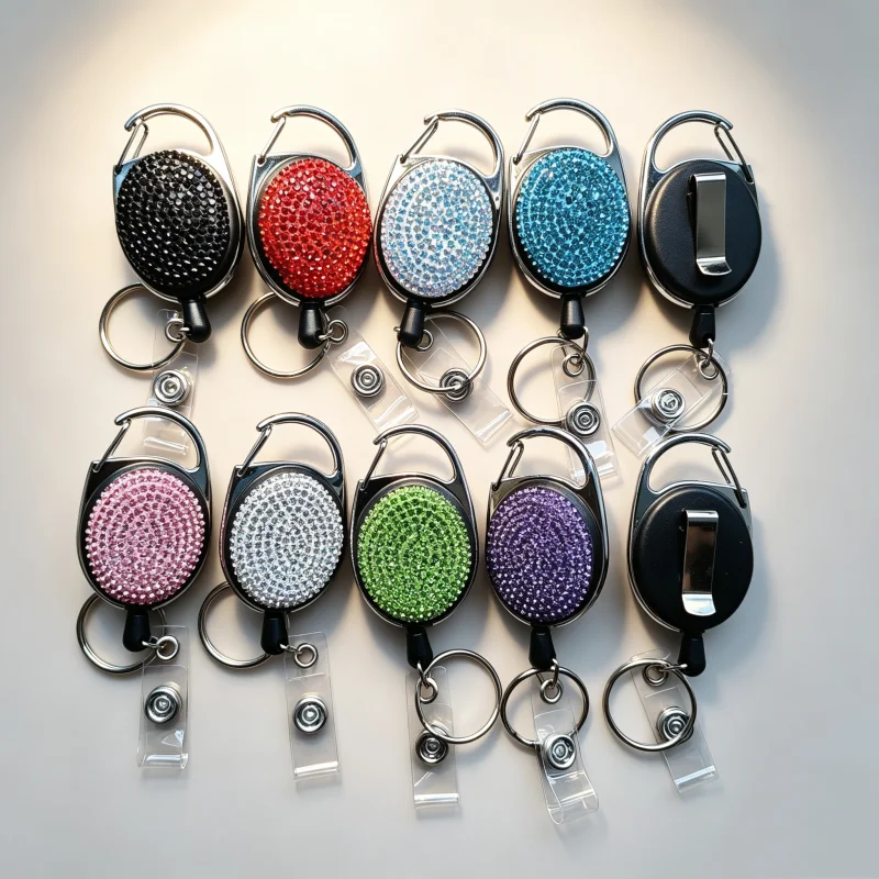 1/2pcs Sparkle Retractable Crystal ID Name BadgeHolderBling Work Card Badge Reel,Fashion  Rhinestone Badge Car Bag Keychain