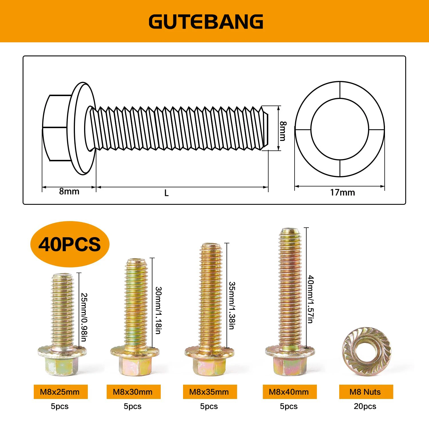 40 قطعة M8 x 25/30/35/40 مللي متر متري شفة مسدس الترباس مع مجموعة متنوعة الجوز ، سبائك الصلب الصف 8.8 ، الأصفر الزنك مطلي #5