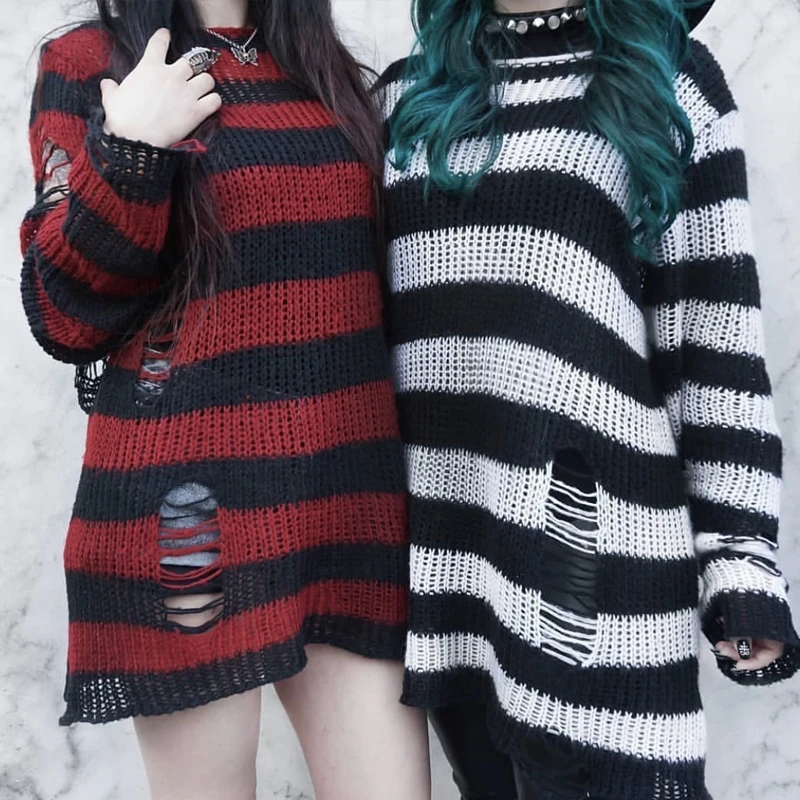 

Y2K Millennium Subculture k Свободный свитер с рваными отверстиями в стиле панк средней длины, вязаный свитер для мужчин, осенний модный женский свитер...