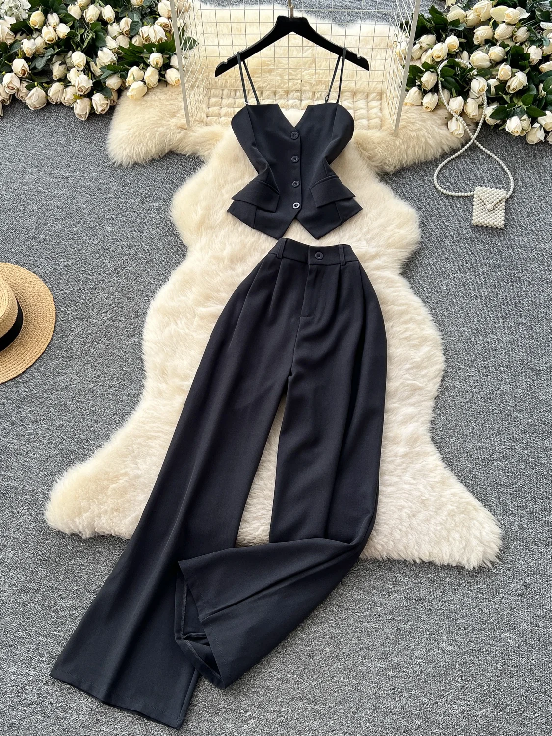 유행하는 여성 여름 세트 하이웨이스트 와이드 레그 스트레이트 팬츠 베스트 투피스 수트 벨티드 크롭탑 트렌디 의상