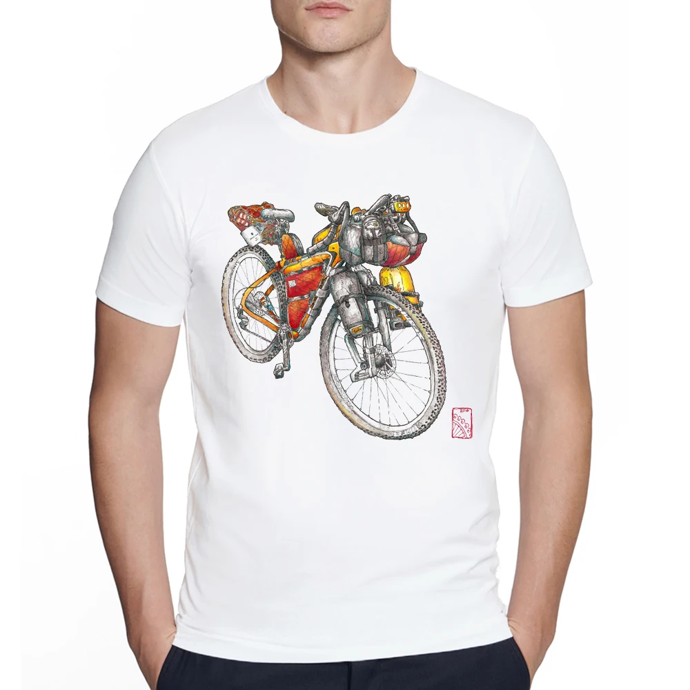 Fashion Bicycle Watercolor Bikepacking Bike Print Men Harajuku Tshirt Summer Short Sleeve T-Shirt White Tops Tees