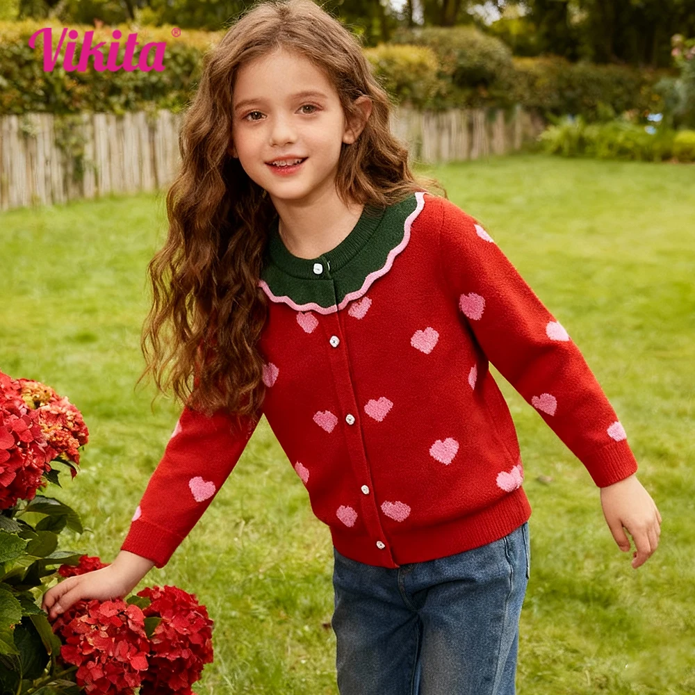 VIKITA Mädchen Weihnachten Rot Grün Strickjacken Teenager Herzform Druck Entzückende Gemütliche Stilvolle Warme Pullover Mädchen Outwear Geschenk Outfits