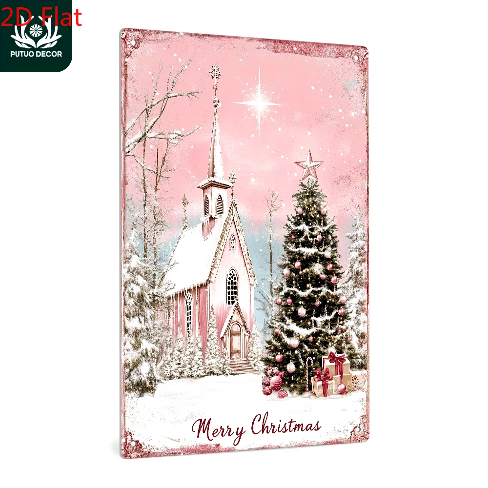 1pc Putuo Decor Vintage Metal iron Sign - Enchanting Pink Church & Snowy Christmas Tree Scene with 