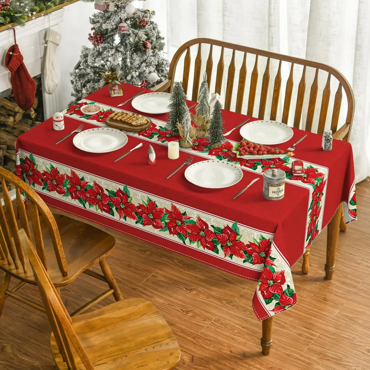 

Christmas Red Poinsettia Rectangle Tablecloths Holiday Party Decor Reusable Waterproof Tablecloth for Table Christmas Decoration