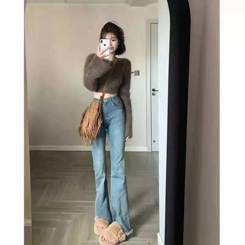 달콤하고 매운 소녀 스타일 마이크로 플레어 진 레트로 블루 한국 스타일 하이웨이스트 슬림 플러스 사이즈 여성용 롱 팬츠