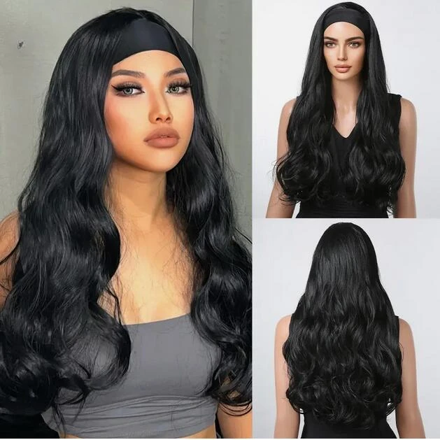 Black Wavy Headband  Long Natural Wave Wig for Women