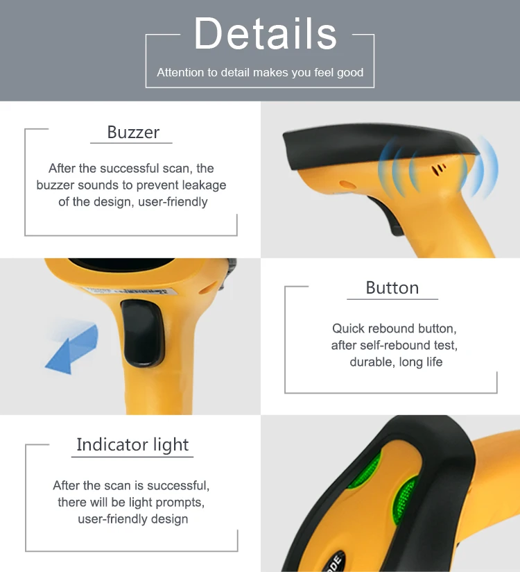 Pemindai Kode Batang Laser Jarak Jauh 1D Nirkabel, Pemindaian Berkelanjutan Dioda Laser 650nm Terlihat (1D) Industri