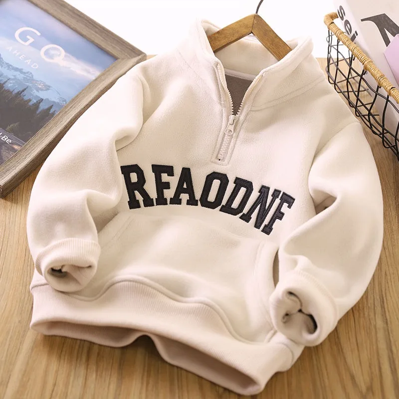 2025 New Boys' Winter Fleece-Lined Half-Zip Polo-Style Sweatshirt - Letter Embroidery Base Layer Top for Kids