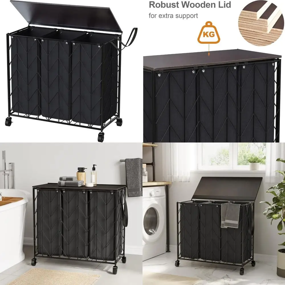 

Laundry Basket with Wheels, 142L 3-Section Hamper with Lid, Removable Bags for Dirty Clothes, Large Capacity Ironing