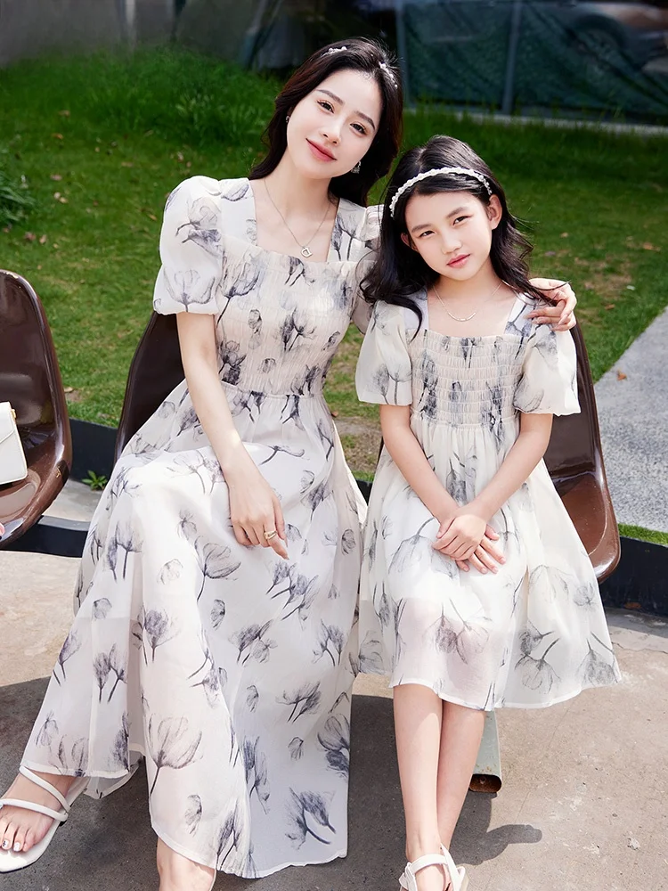 high-end-fashion-mother-daughter-dress-summer-beach-vacation-travel-gown-floral-print-french-style-polyester-fabric-skirt