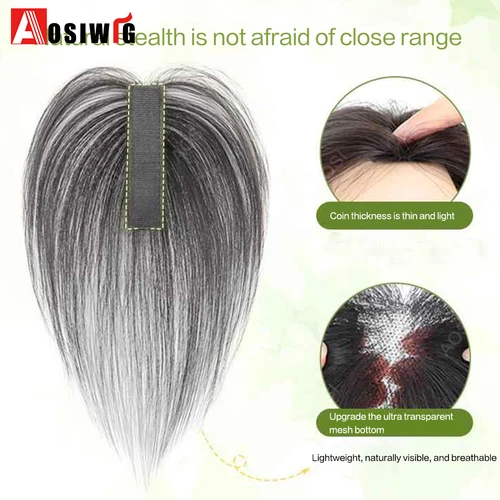 Imagen 2 del producto Peluca adhesiva de costura de pelo sintético, parte superior de la cabeza, reemplazo esponjoso, ligero, sin costuras, cubierta invisible, flequillo falso de pelo blanco