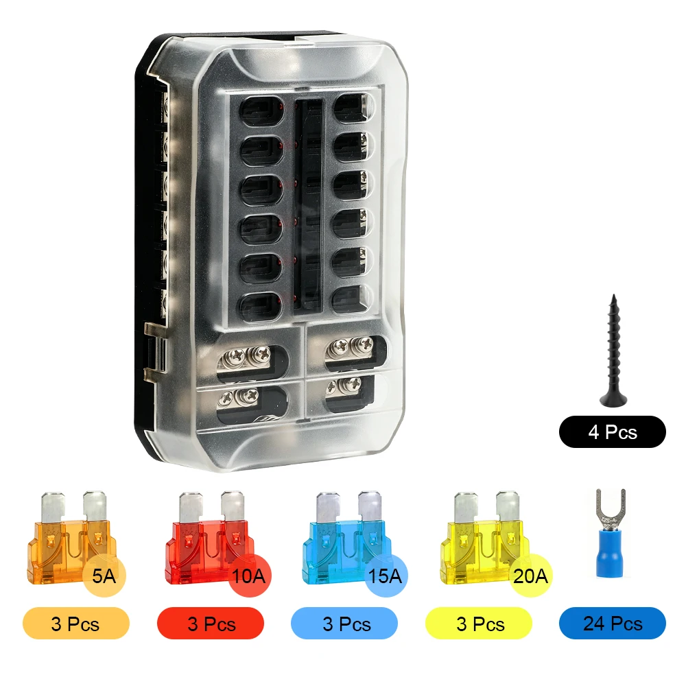 6 Way 12 Way Car Fuse Box Blade Fuse Holder Block & Warning Indicator 12V~24V Power Distribution Panel Board Protective Cover