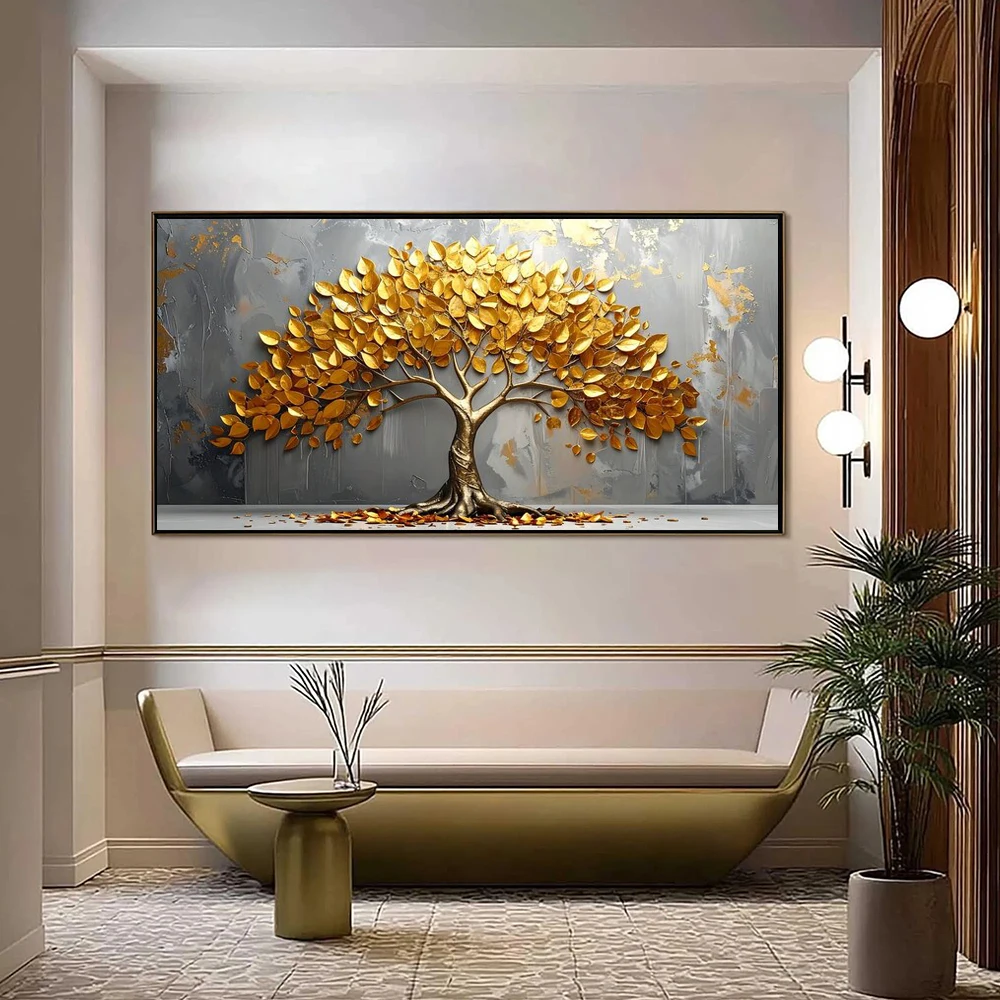 2D Flat Golden tree on a textured wall decoration painting, canvas print posters, home living room decor, no frame
