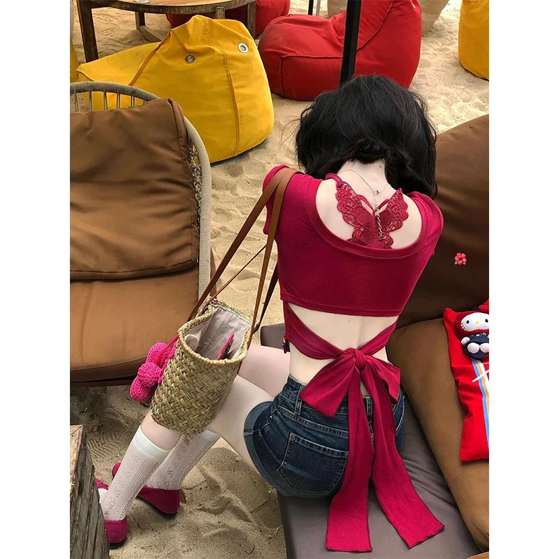 

Y2K Red T Shirts Women Streetwear Sexy Butterfly Bandage Crop Tops Summer Gyaru Harajuku Grunge Korean White Short Sleeve Tees